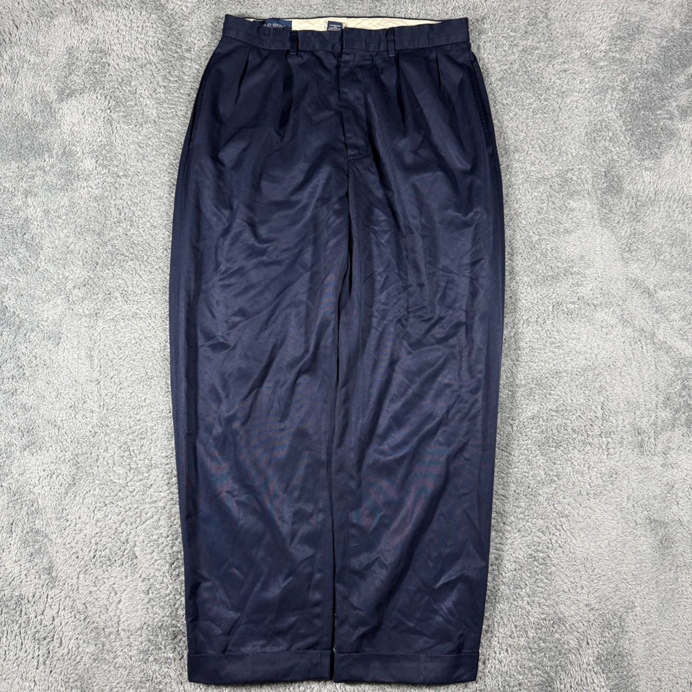 VTG Polo Golf Pants Mens 34x30 Navy Baggy Double Pleated Cuffed Polyester Shiny
